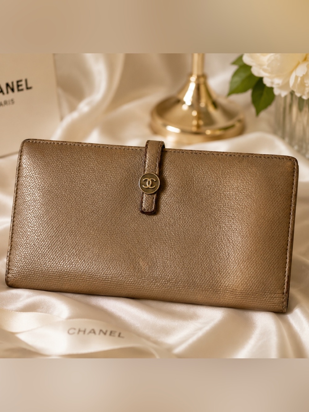 Chanel Leather Long Wallet – Metallic Taupe